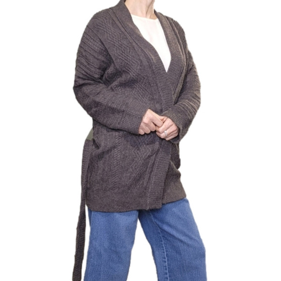 SIZE M Kit cardigan cable knit open face with tie grey-brown color VICI NWT - Picture 6 of 13